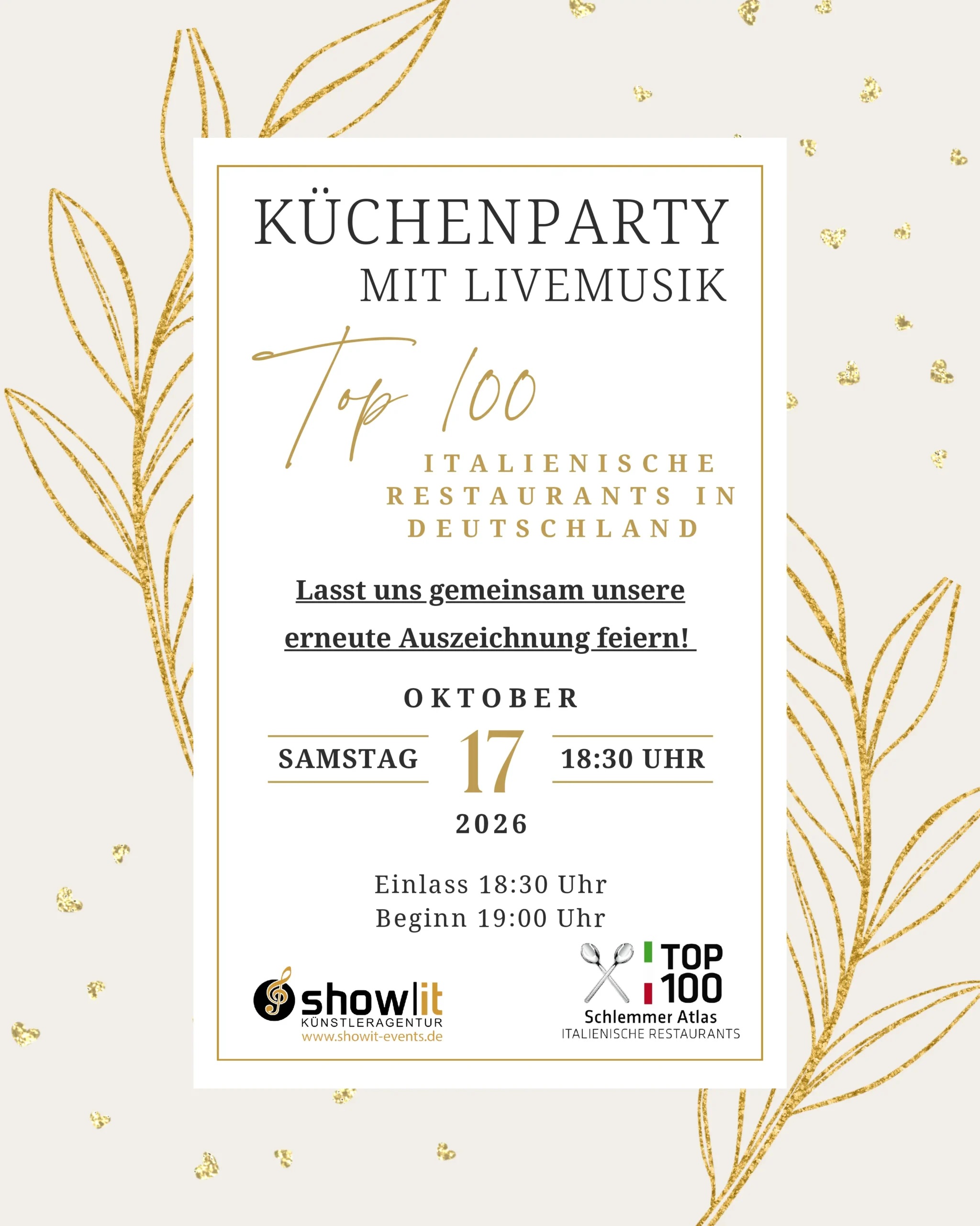 TOP 100 Küchenparty<br>17. Oktober 2026<br>19.00 Uhr